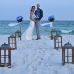 beautiful beach with bride and groom